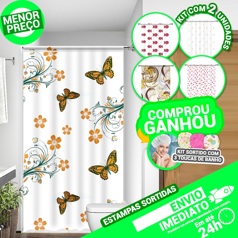 Kit 2 Cortinas Box Banheiro Lavabo Diversas Estamp