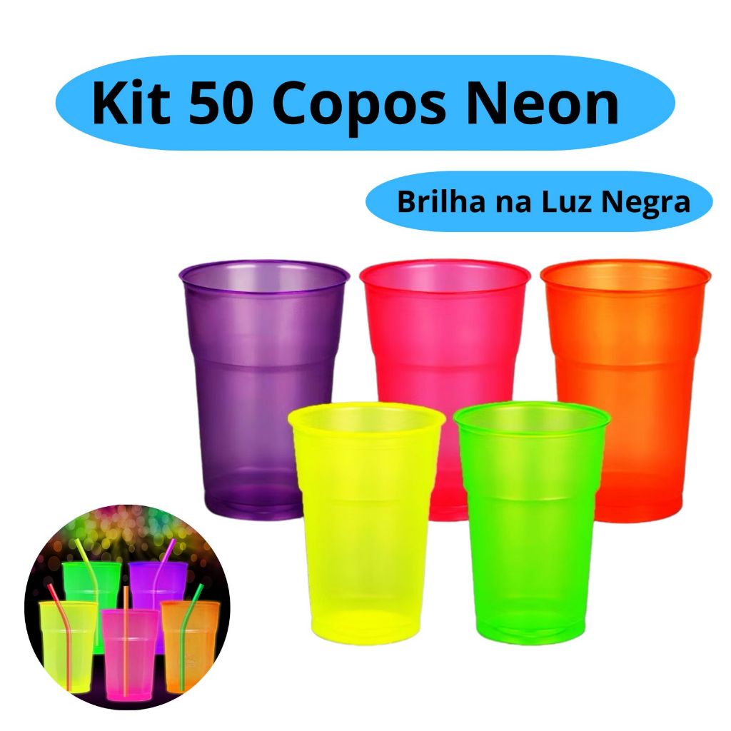 Kit 50 Copos Neon 300ml Descartável Premium Para 