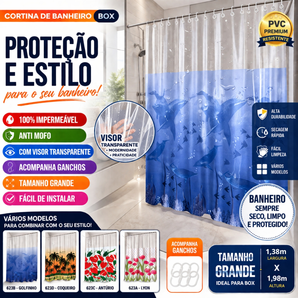 Cortina De Banheiro Box Com Visor Transparente Em 