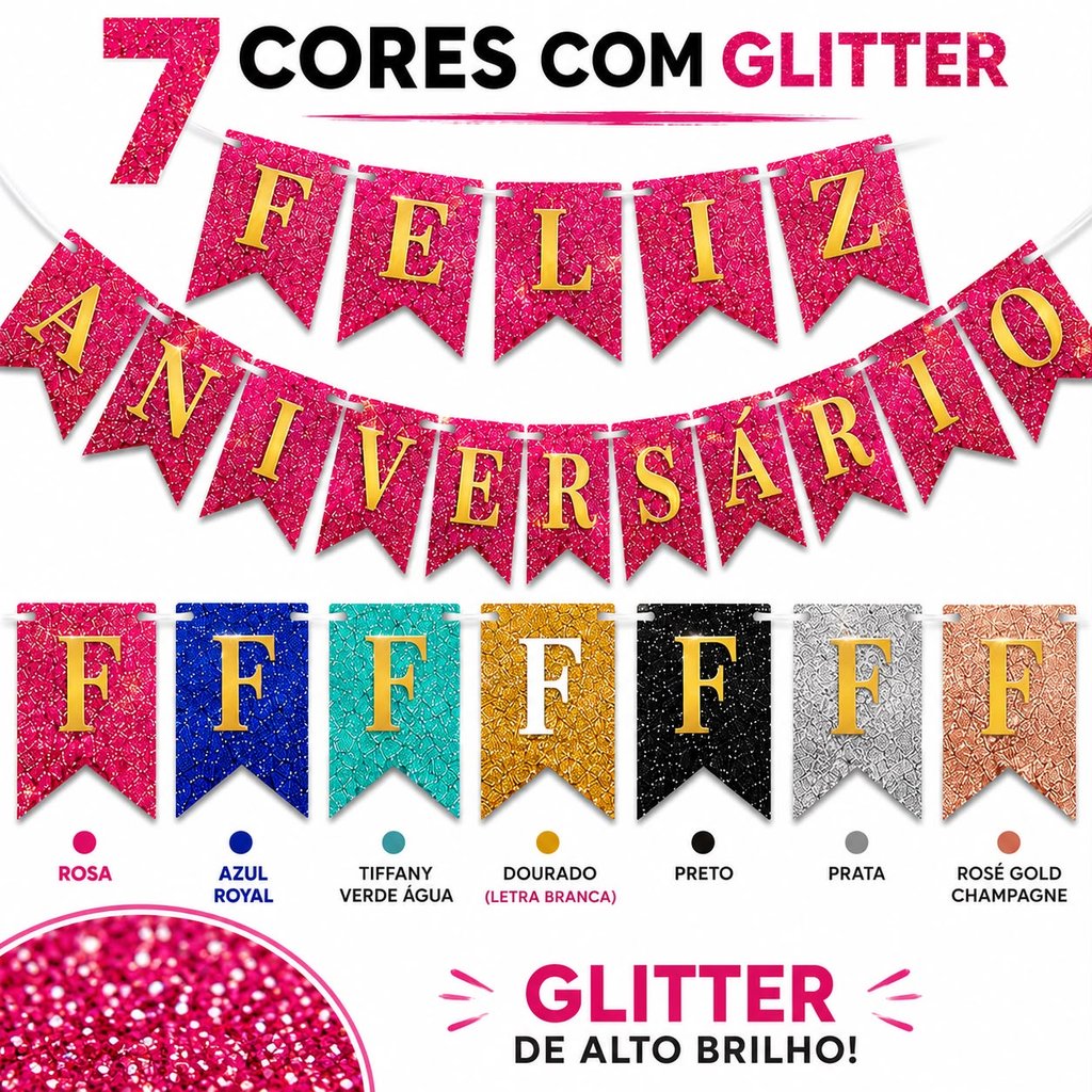 Faixa Feliz Aniversário Bandeirinha Glitter Pront