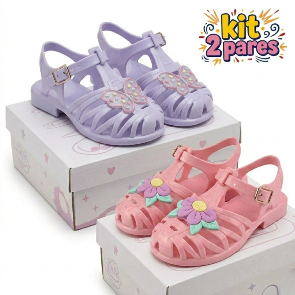 Kit 2 Sandália Infantil Menina Brilhante Confort�