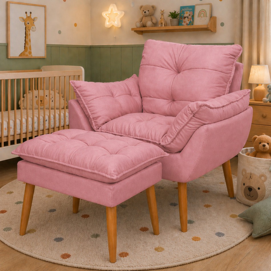 Poltrona Rosa Kit Puff Para Quarto de Bebê Amamen
