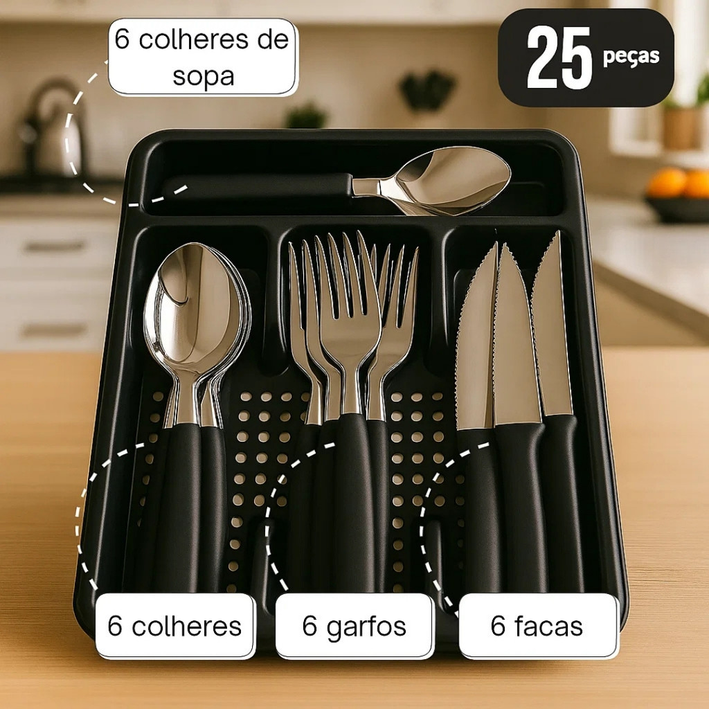 Jogo de 24 Talheres Inox Com Brinde Suporte Gavete