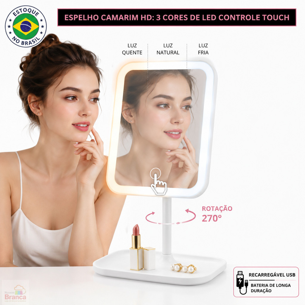 Espelho de Maquiagem Mesa LED 3 Cores Recarregavel