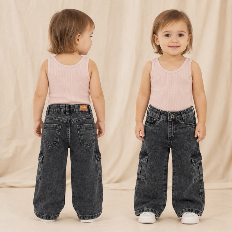 Calça Cargo Infantil Menina Jeans Preto Estonado 