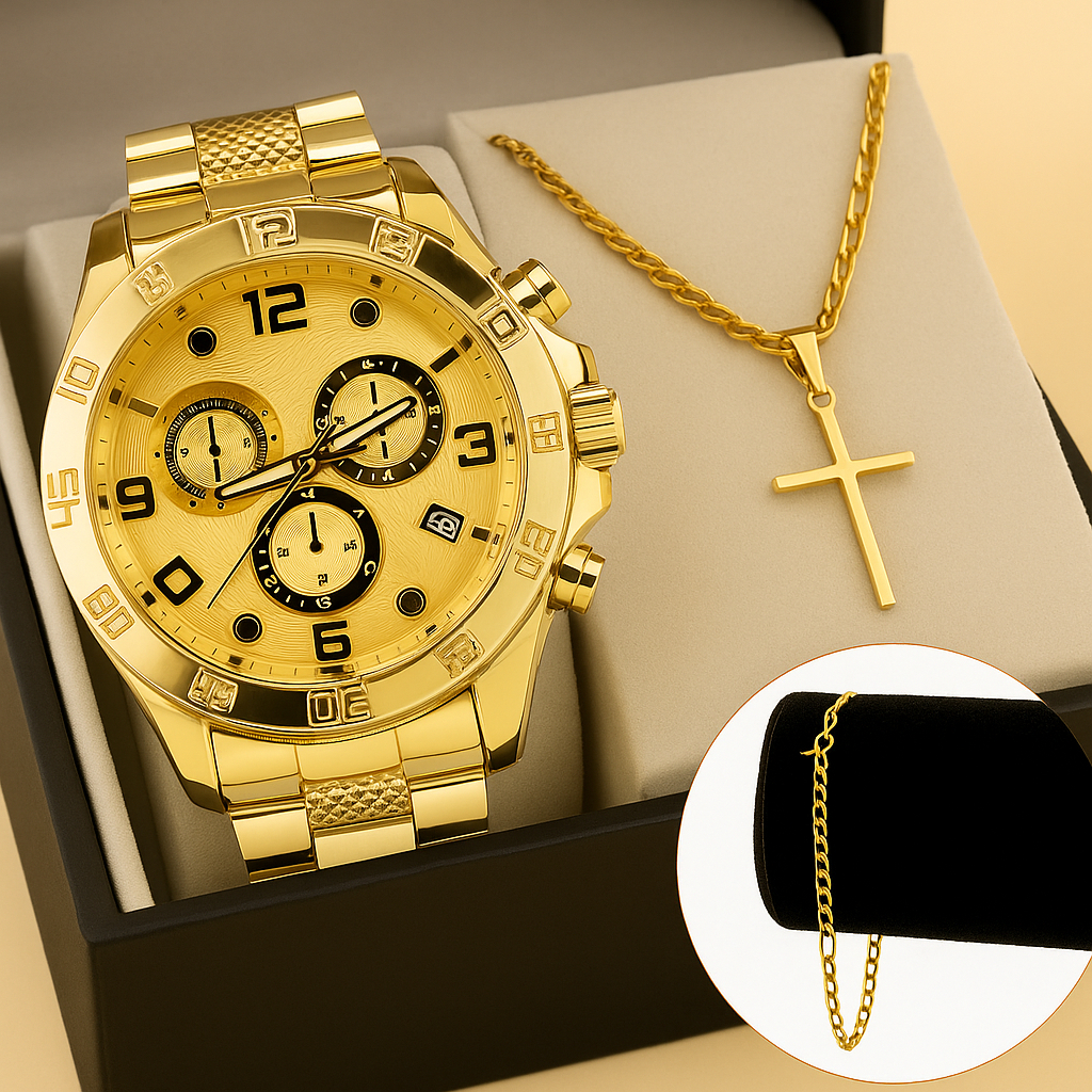 Kit Relógio + Corrente Pingente Cruz + Pulseira M