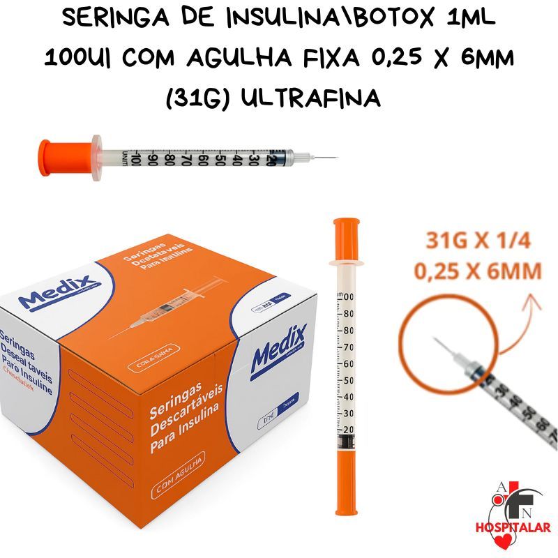 Seringa de Insulina e botox 1ml 100UI com Agulha F