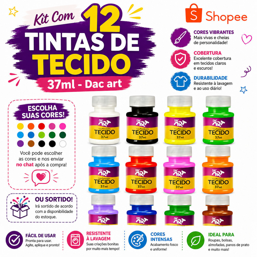 Kit Com 12 Tintas De Tecido art – 37ml / Dac