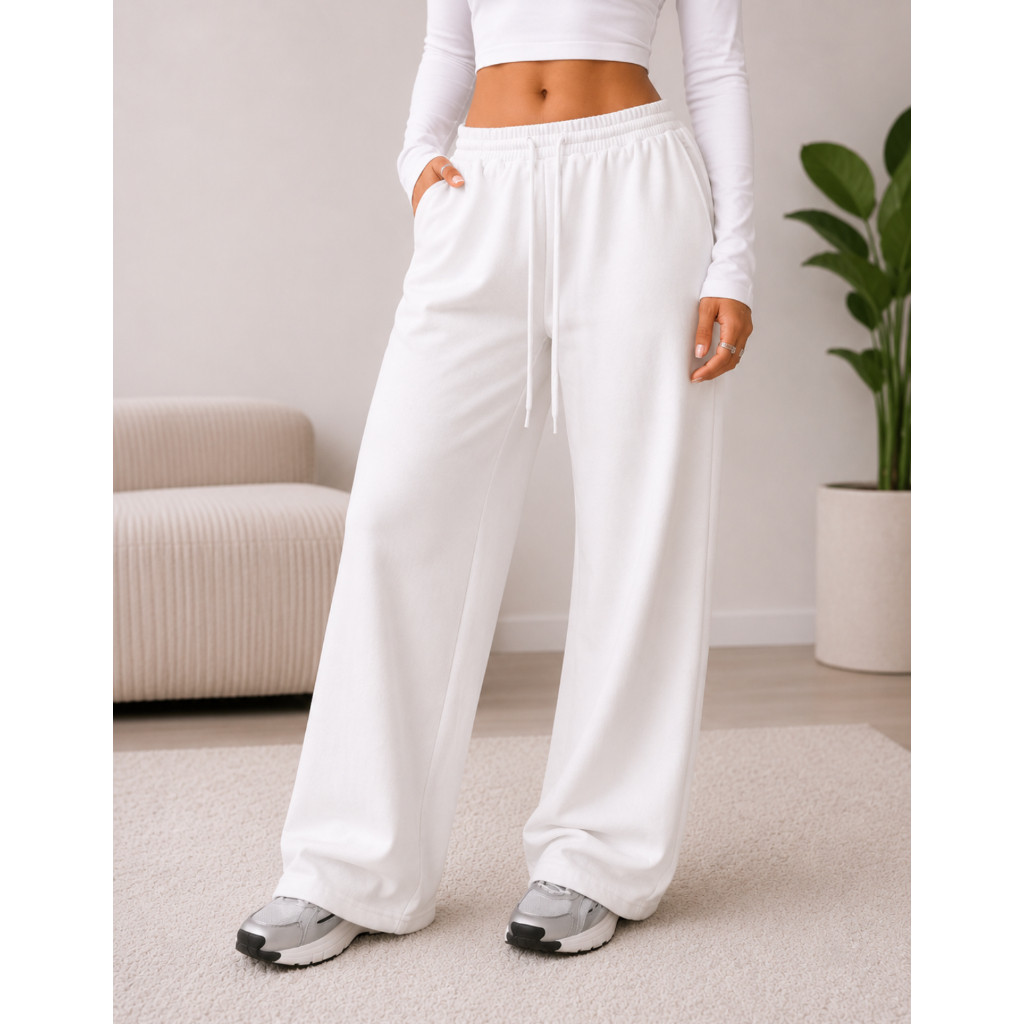 Calça Moletom Feminina Wide Leg Flanelada Com Bol
