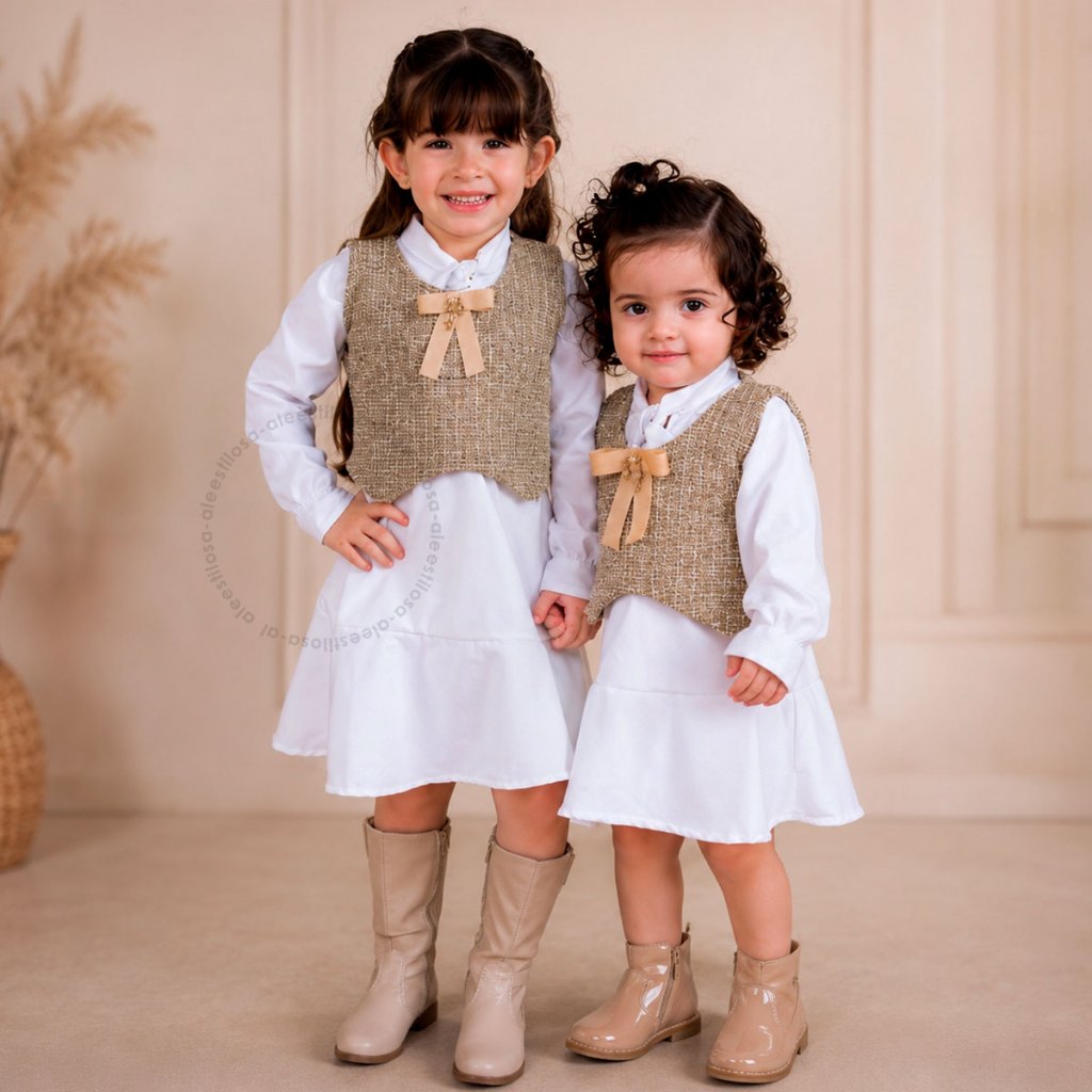 Chemise Infantil Vestido Branco com Colete Tweed L
