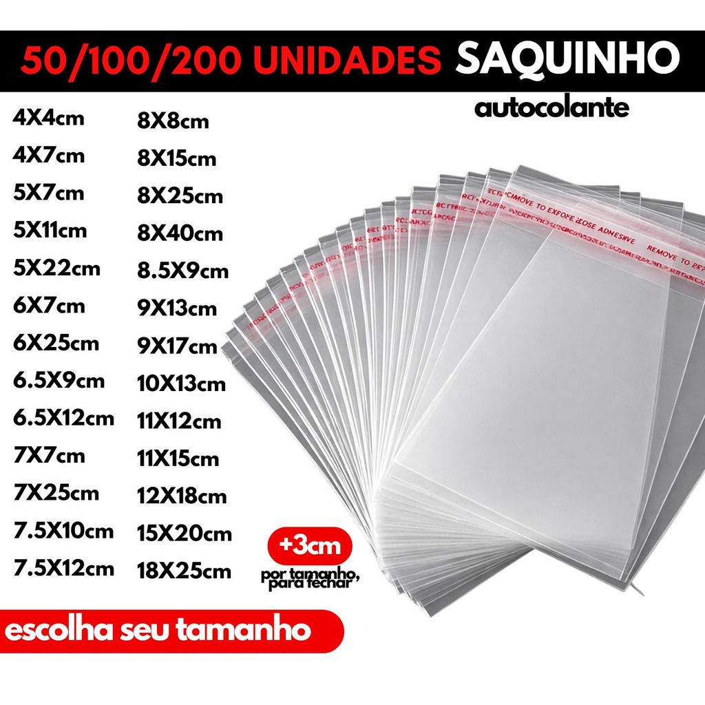 Kit 50/100/200 Saquinho Transparente Autocolante S