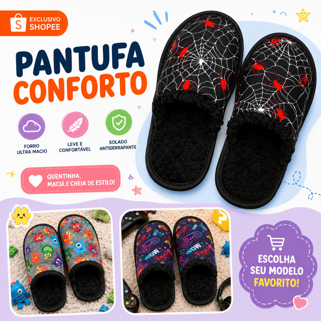 Pantufa Infantil Masculina Quente Antiderrapante P