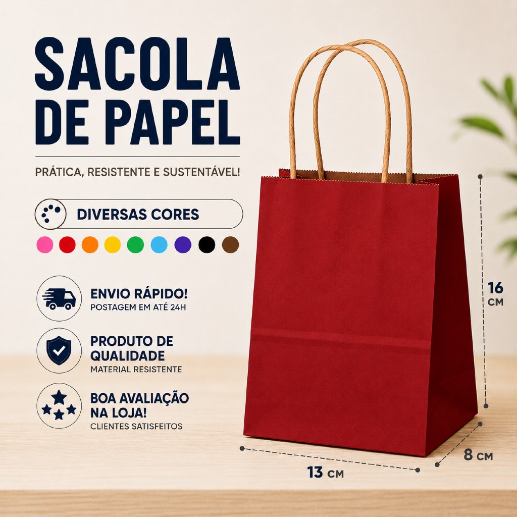 Sacola de papel PP 13x08x16cm 10/20/30 unidades di