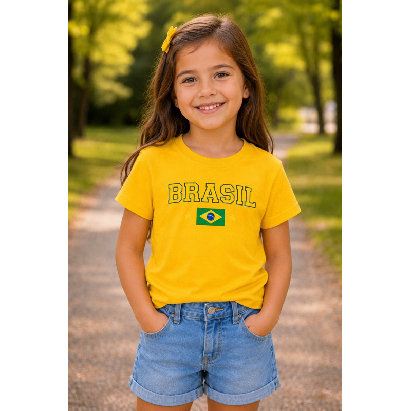 Camiseta Infantil Brasil Amarela 100% Algodão Con