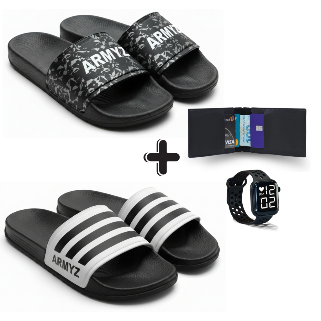 Kit Completo : Dois Chinelos Slide + Relógio Digi