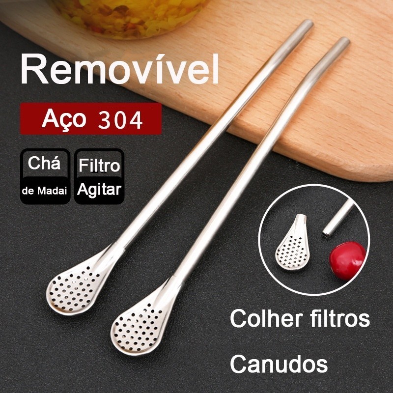 Canudo Longo Com Colher Filtro Em Aço Inox Chá e