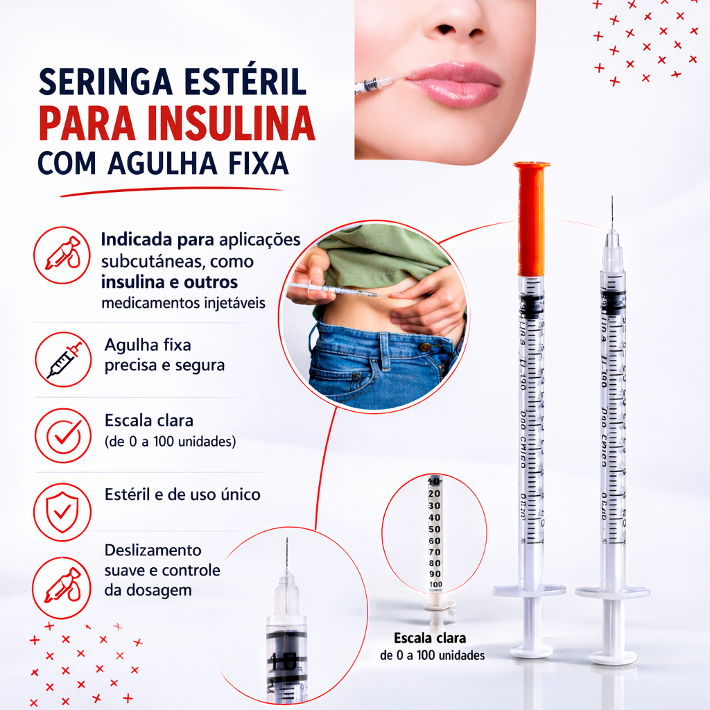 Seringa de Insulina 1ml 100UI com Agulha Fixa 8 x 