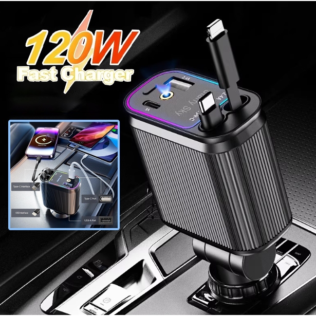 Carregador de carro retrátil com luz LED, carrega