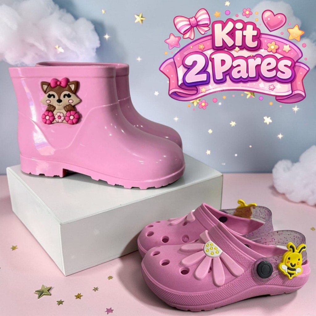 Kit 2 Pares Galocha e Babuche Infantil Menina Conf