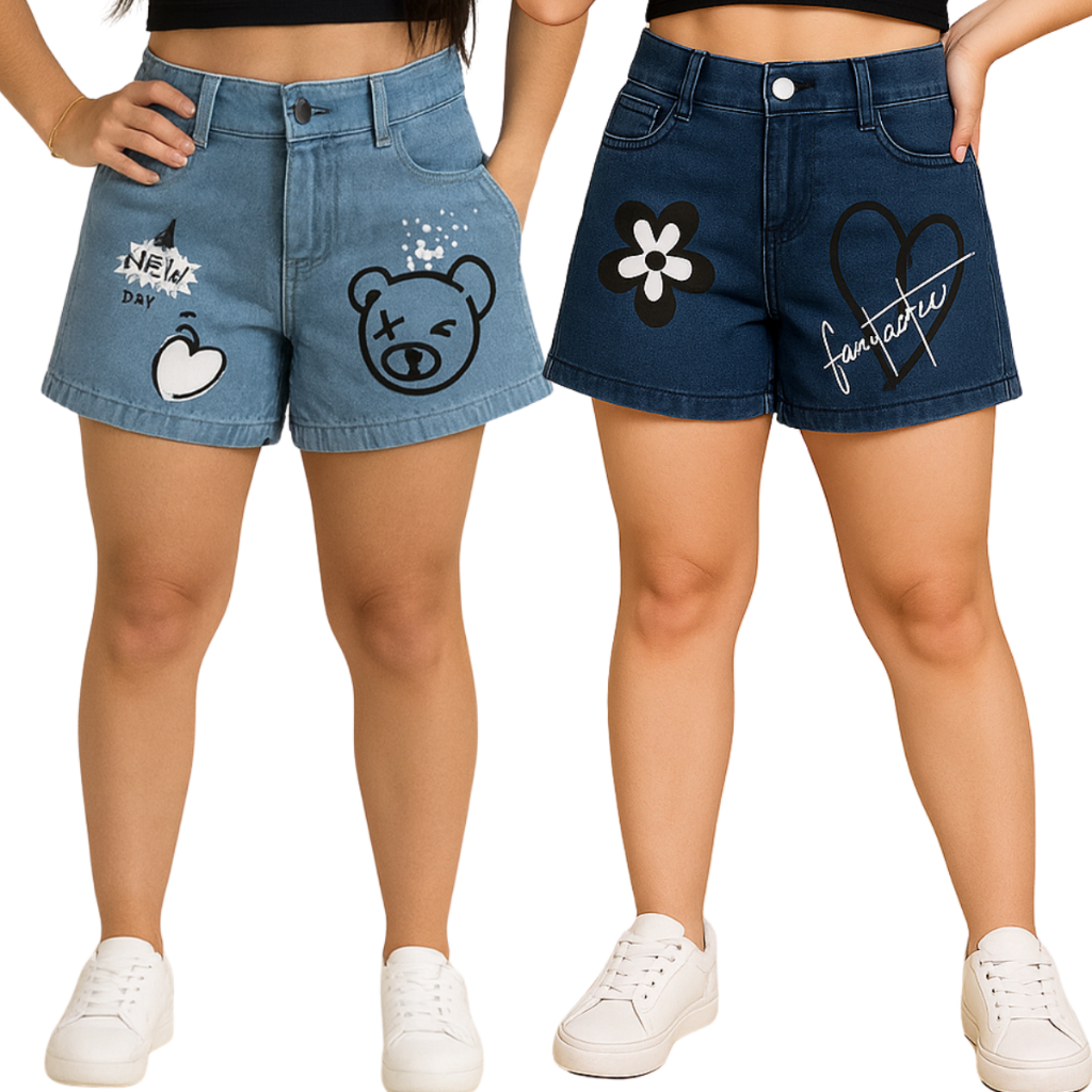 KIT 2 SHORTS JEANS ESTAMPADO  INFANTIL  JUVENIL FE