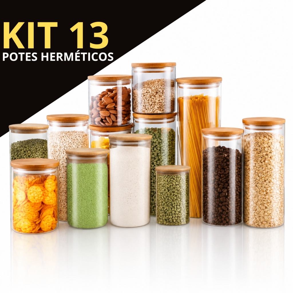 Kit 13 ou 9 potes herméticos de vidro com tampa d