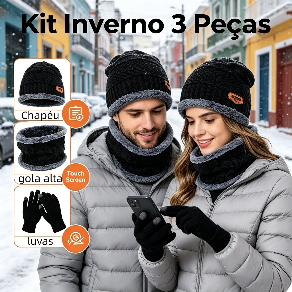 Kit Inverno 3 Peças Conjunto Inverno Touca de Lã