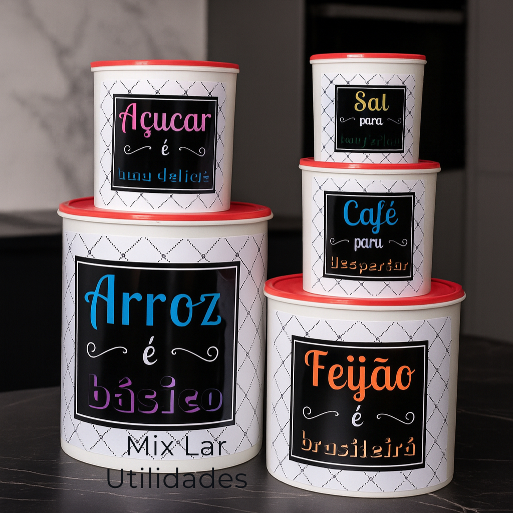 Kit 5 Potes de Mantimentos Plástico Decorado para