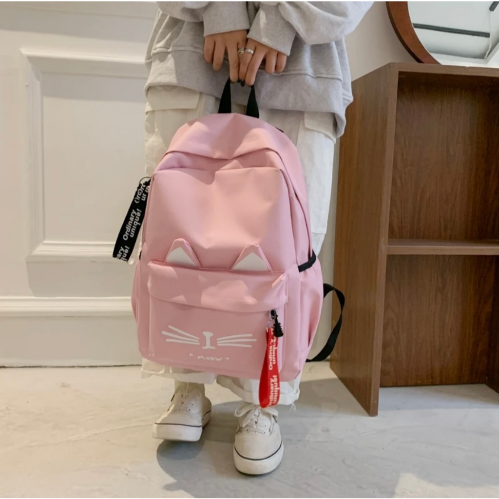 Mochila feminina de nylon com estampa de gato