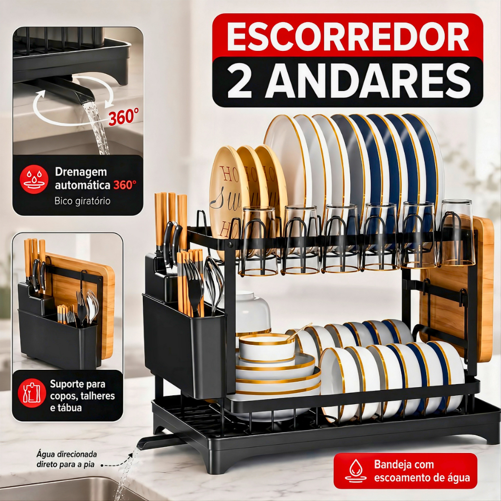 Escorredor de Louça Inoxidável Rack 2 Andares Dr