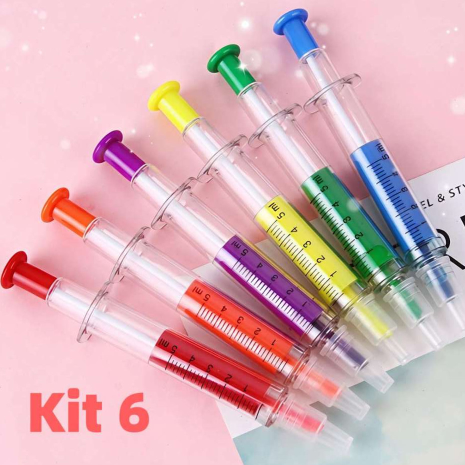 Kit 6 Canetas Marca Texto + Esferográfica Azul 2 