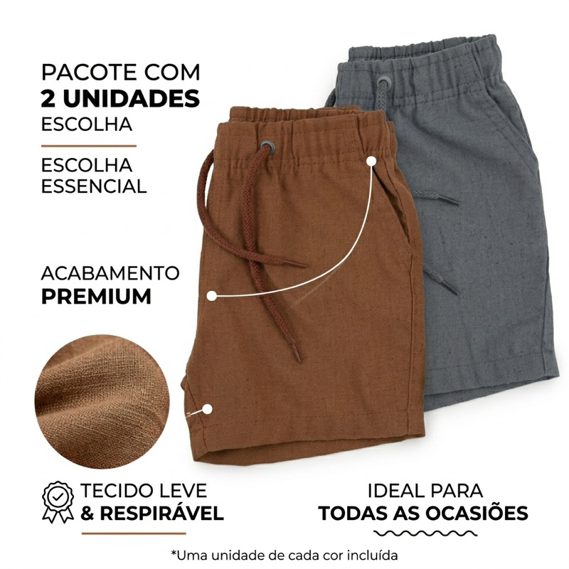Kit 2 Shorts Linho Infantil Masculino Fresco e Con