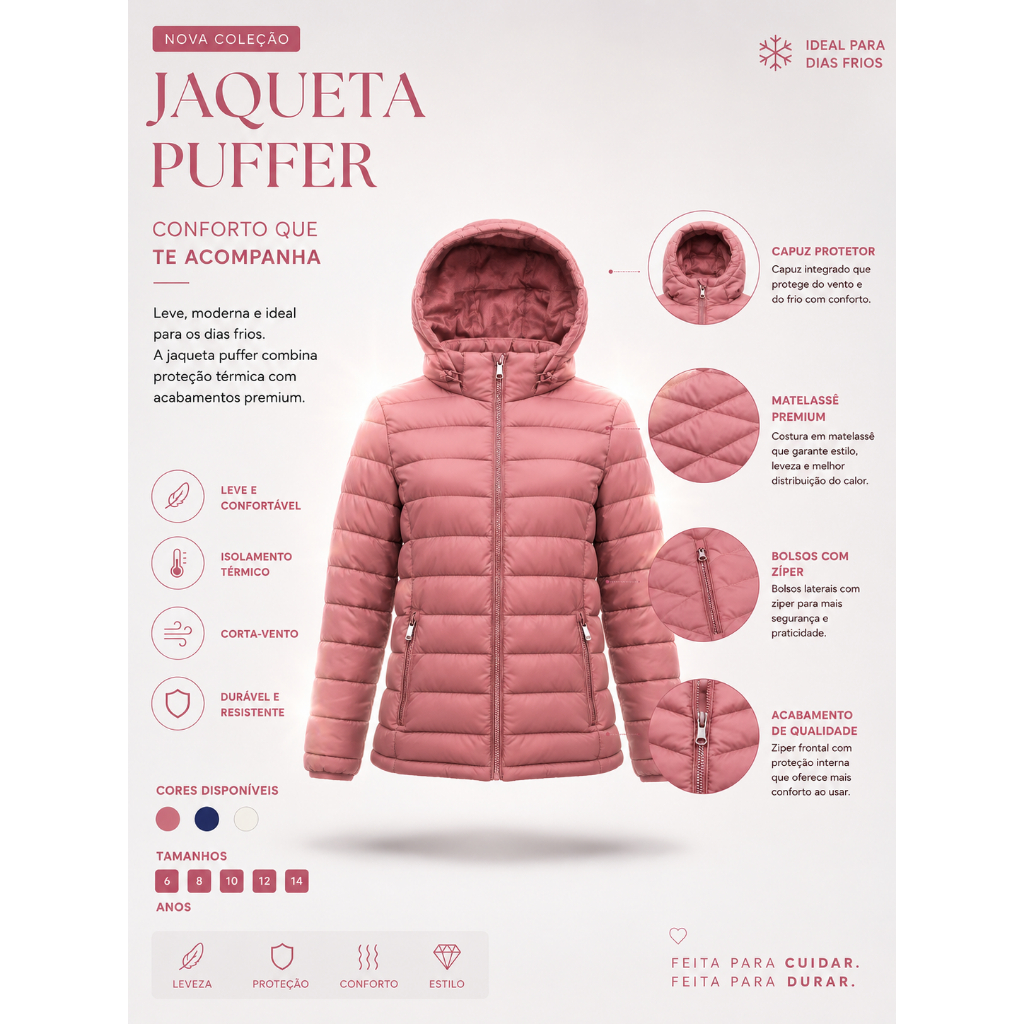 Jaqueta Infantil Puffer Com Capuz Inverno Escolar