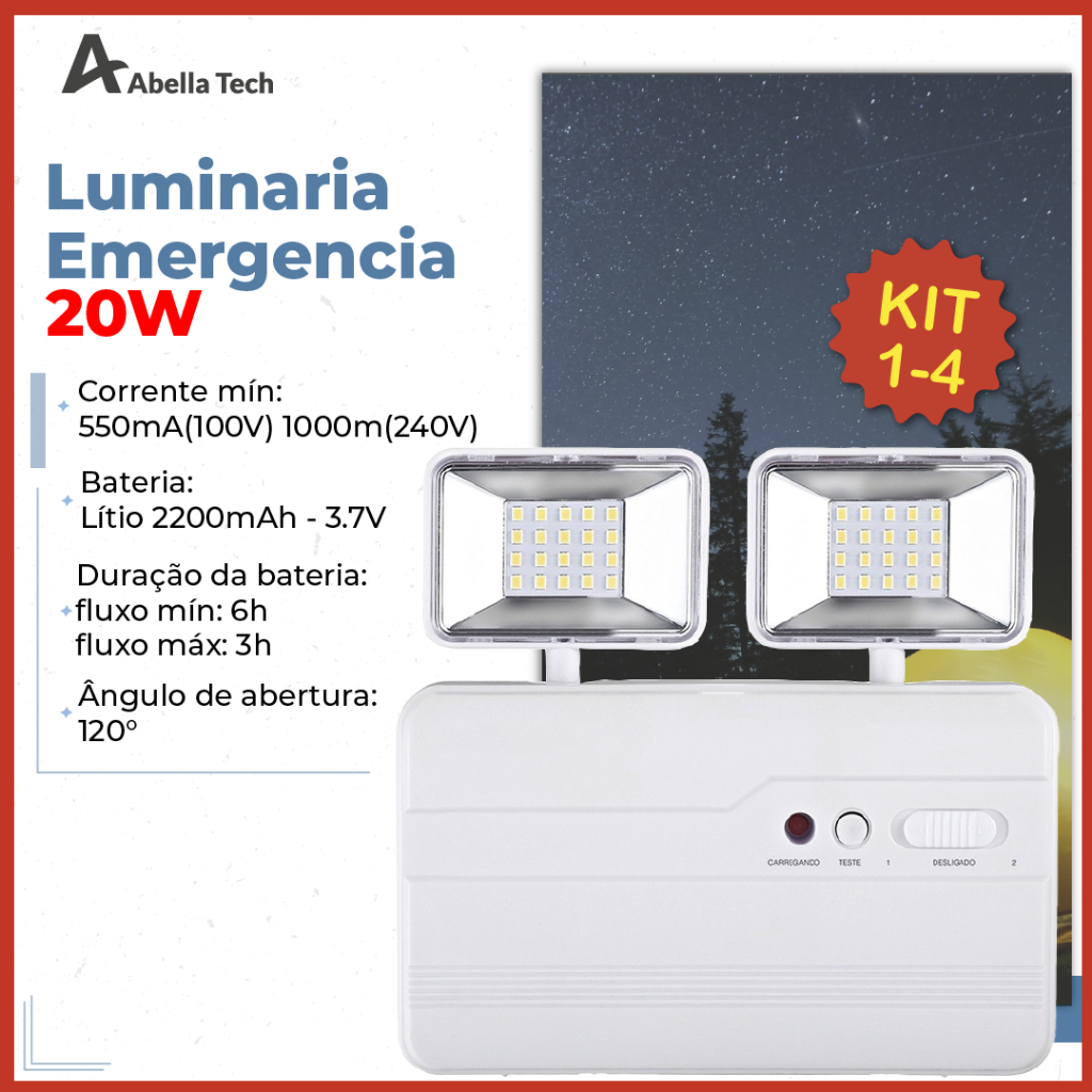 Luminária de Emergência LED PRO 20W com 2 Farol 