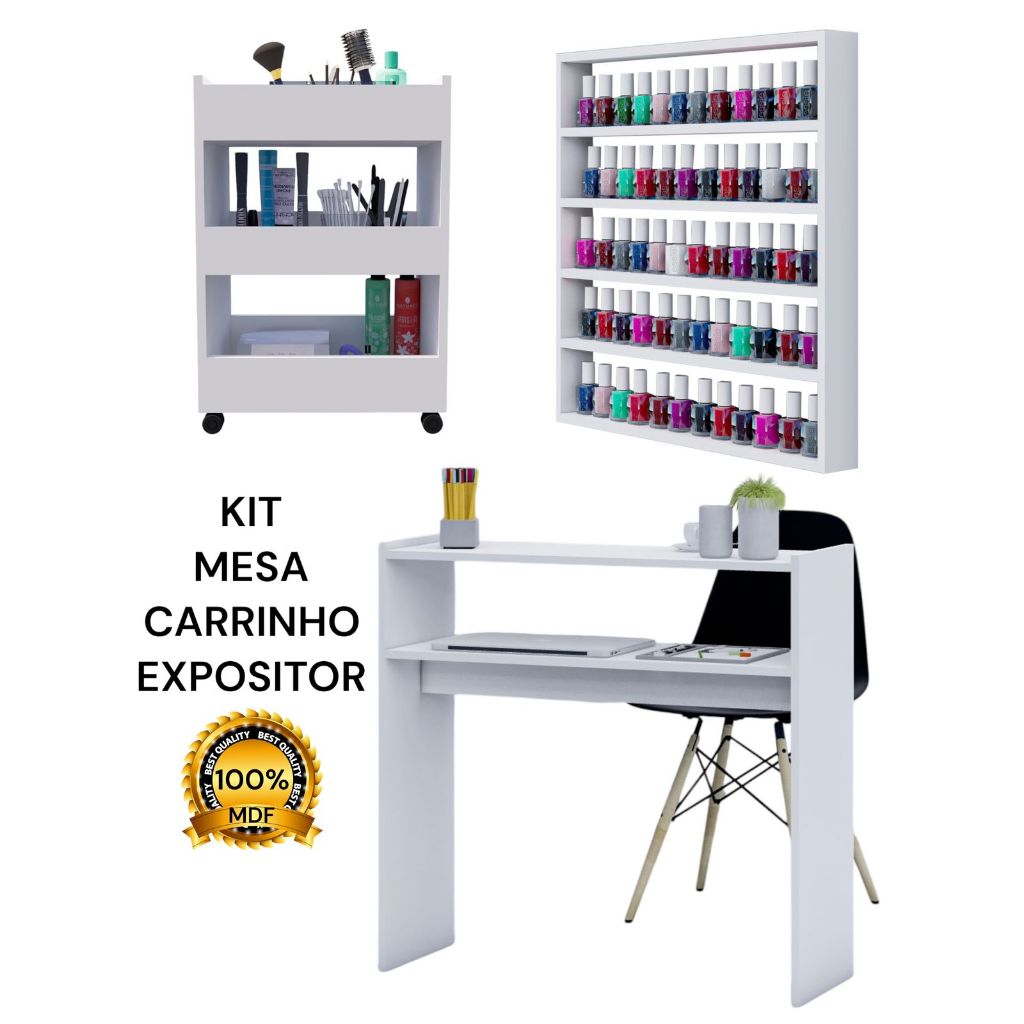 Kit Mesa de Manicure Carrinho Auxiliar Expositor D