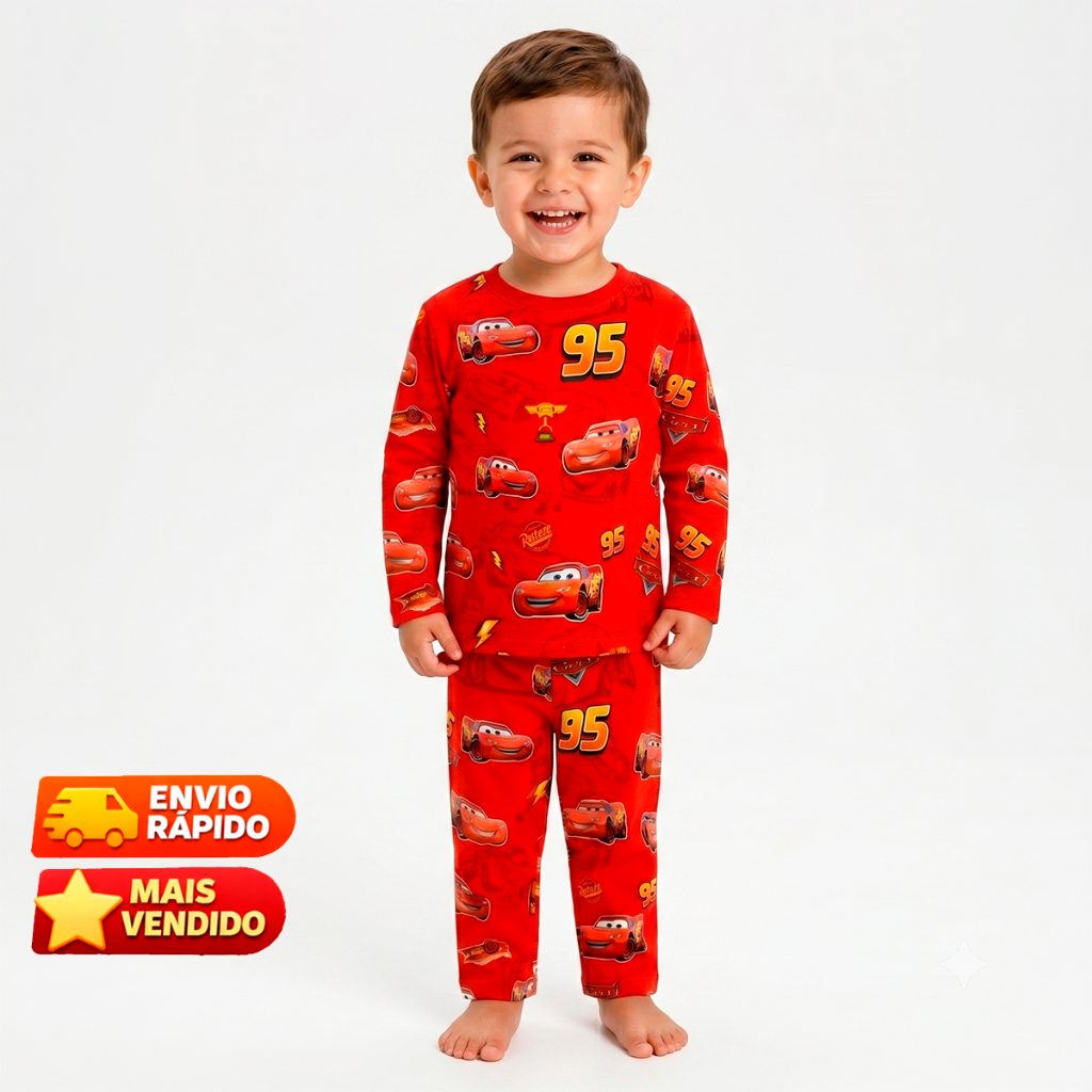Pijama Carros Mcqueen infantil Manga Longa e Curta