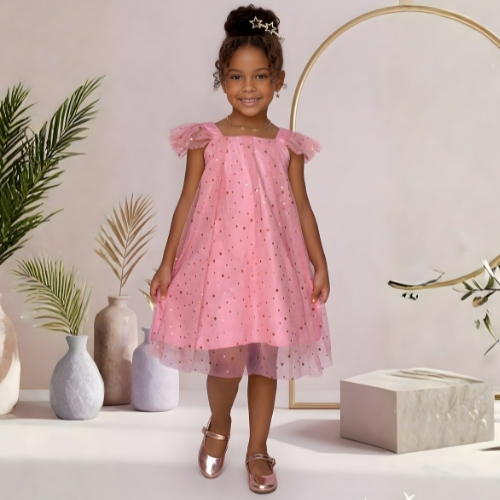 Vestido Infantil Menina Tule Estrelado Manga Frufr