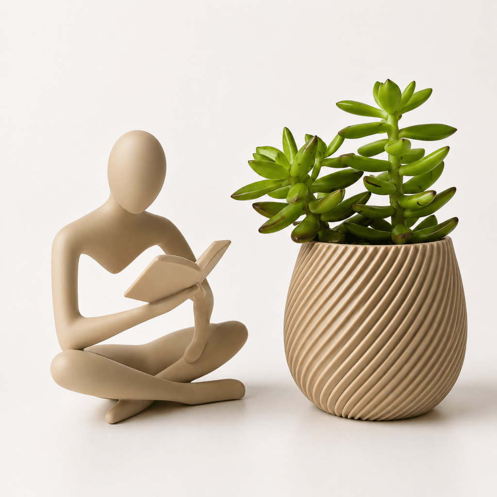 Estátua Decorativa Leitor Livro + Vaso Para Plant