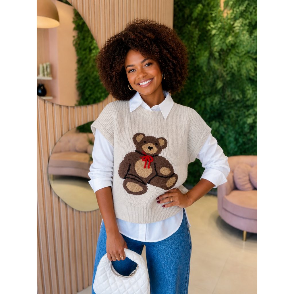 Colete Tricot Feminino Urso com Laço Inverno 2026