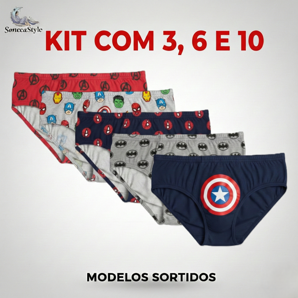 Cueca Infantil Slip Algodão 100% KIT 3, 6 e 10 Un