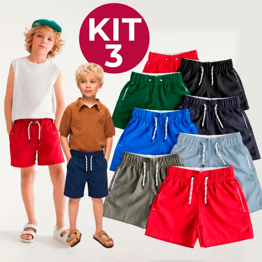 Kit 3 Short Bermuda Infantil Juvenil Tactel Menino