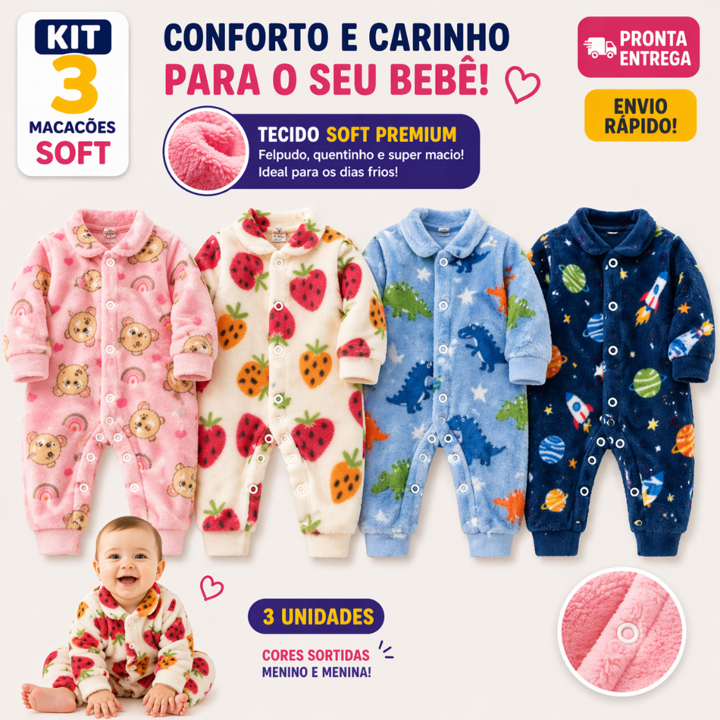 Kit 3 Macacão Soft De Bebê Com Botões Enxoval I