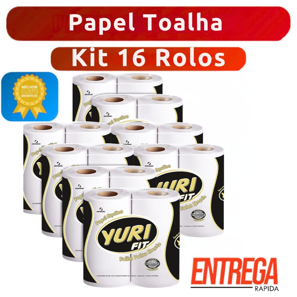 Kit com 16 Rolos de Papel Toalha Branco Yuri Fit p