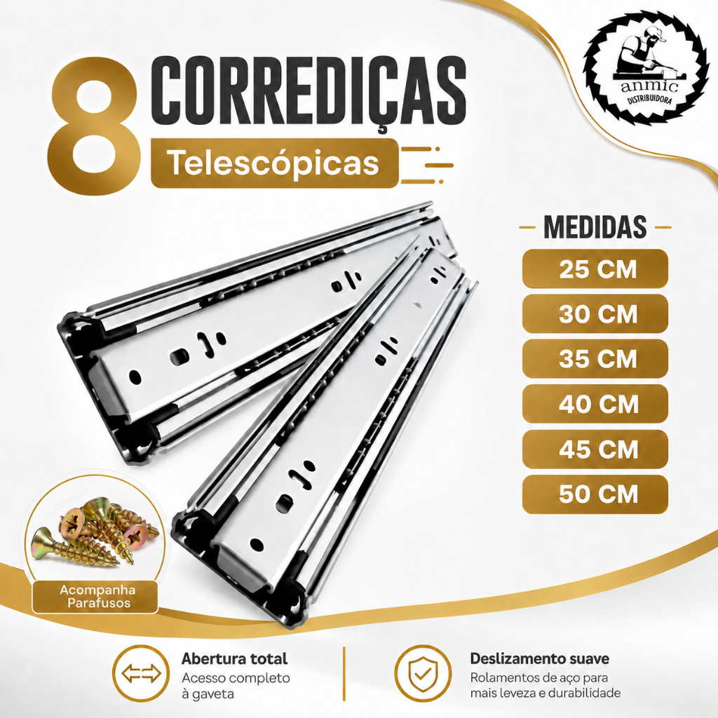 Kit 8 Corrediças de Gaveta Trilho Telescópica Li