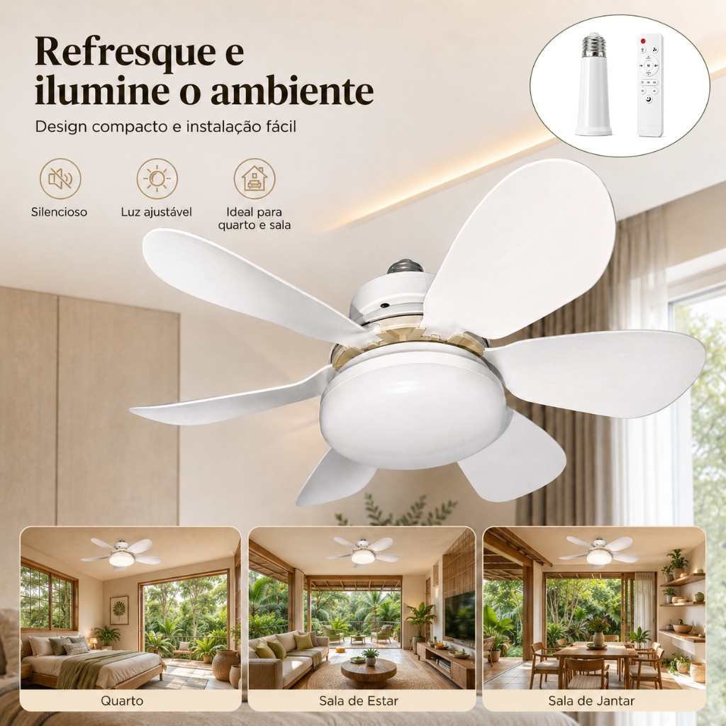 Ventilador De Teto Luz LED 60W/80W Com 6 Hélices 