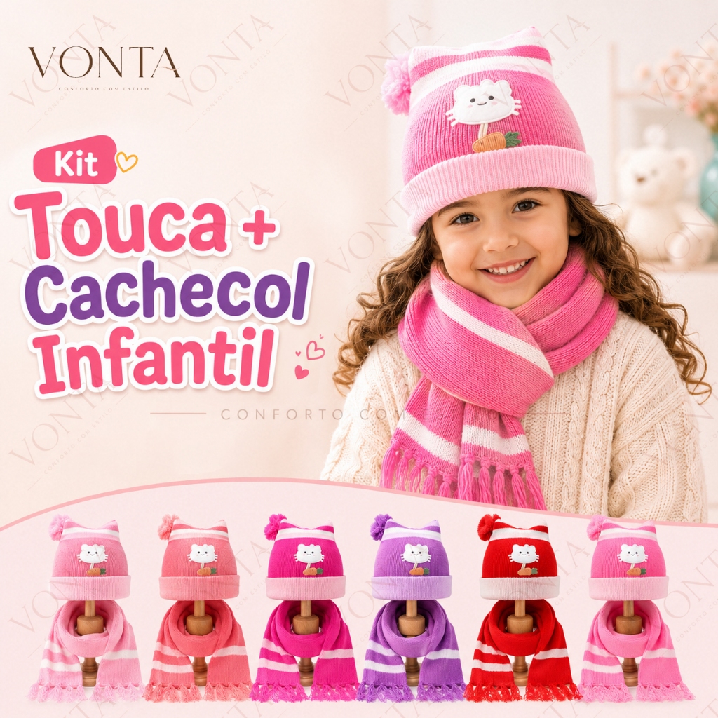 Kit Touca e Cachecol Infantil Tricô Inverno Quent