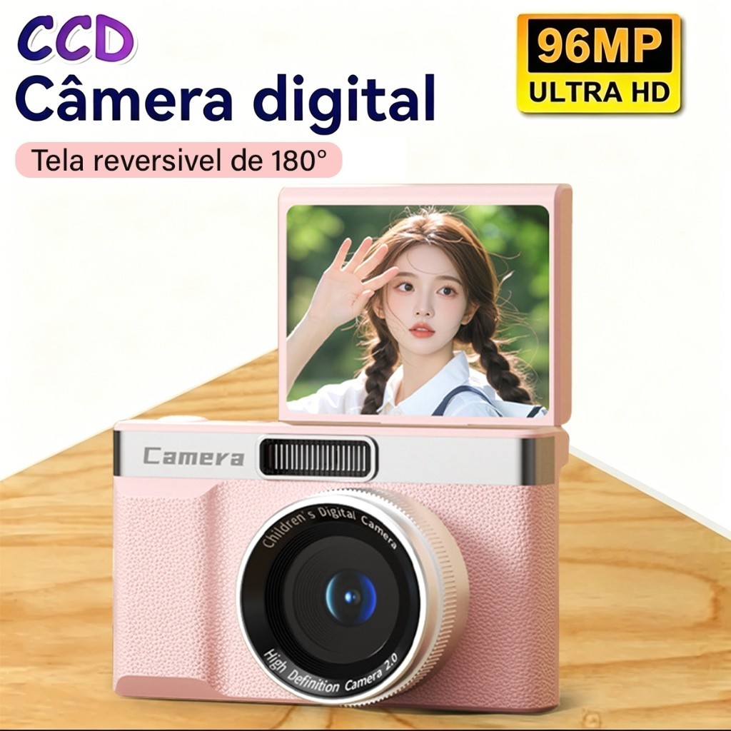Câmera Compacta 4K 96MP, Zoom 8X e Tela 180° par