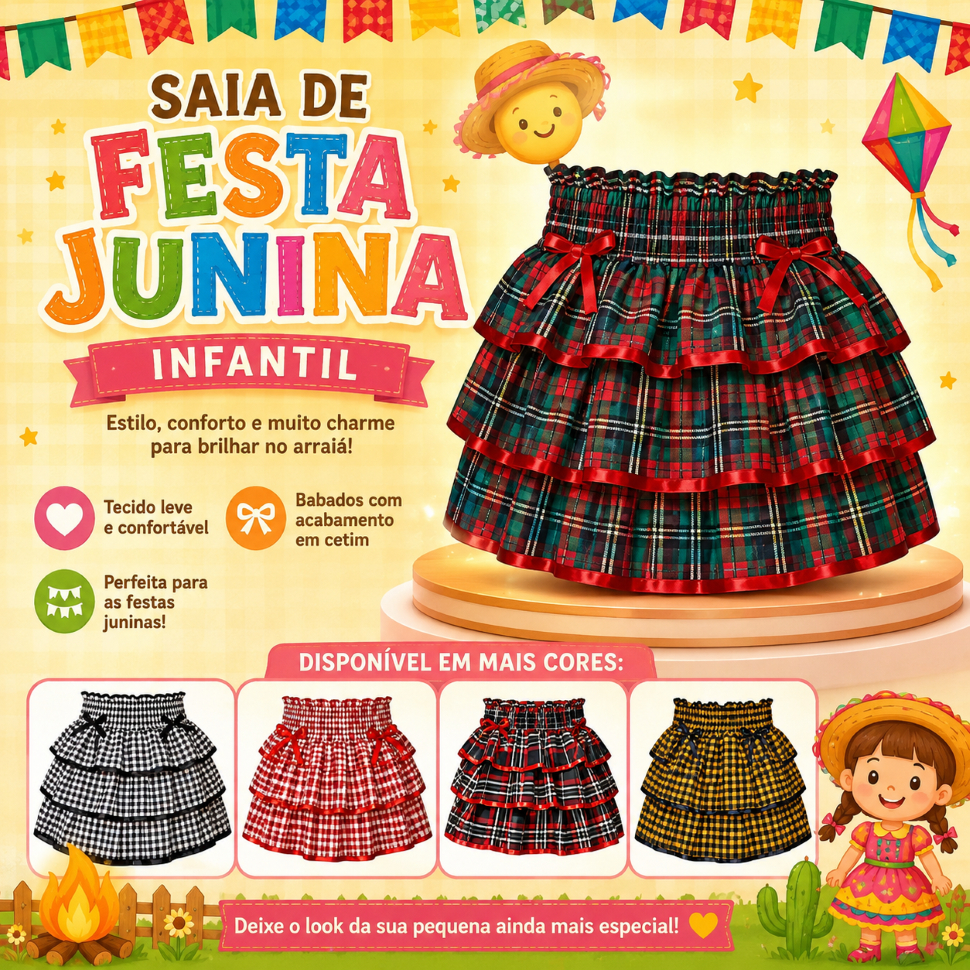 Saia infantil Menina Festa 3 Babados Junina Caipir