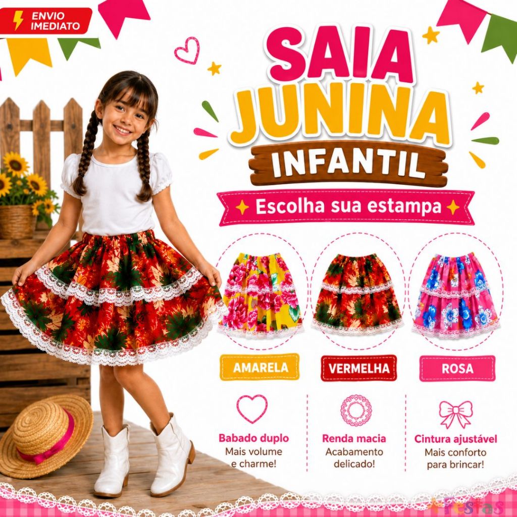 Saia Festa Junina Fantasia Quadrilha Babado Duplo 