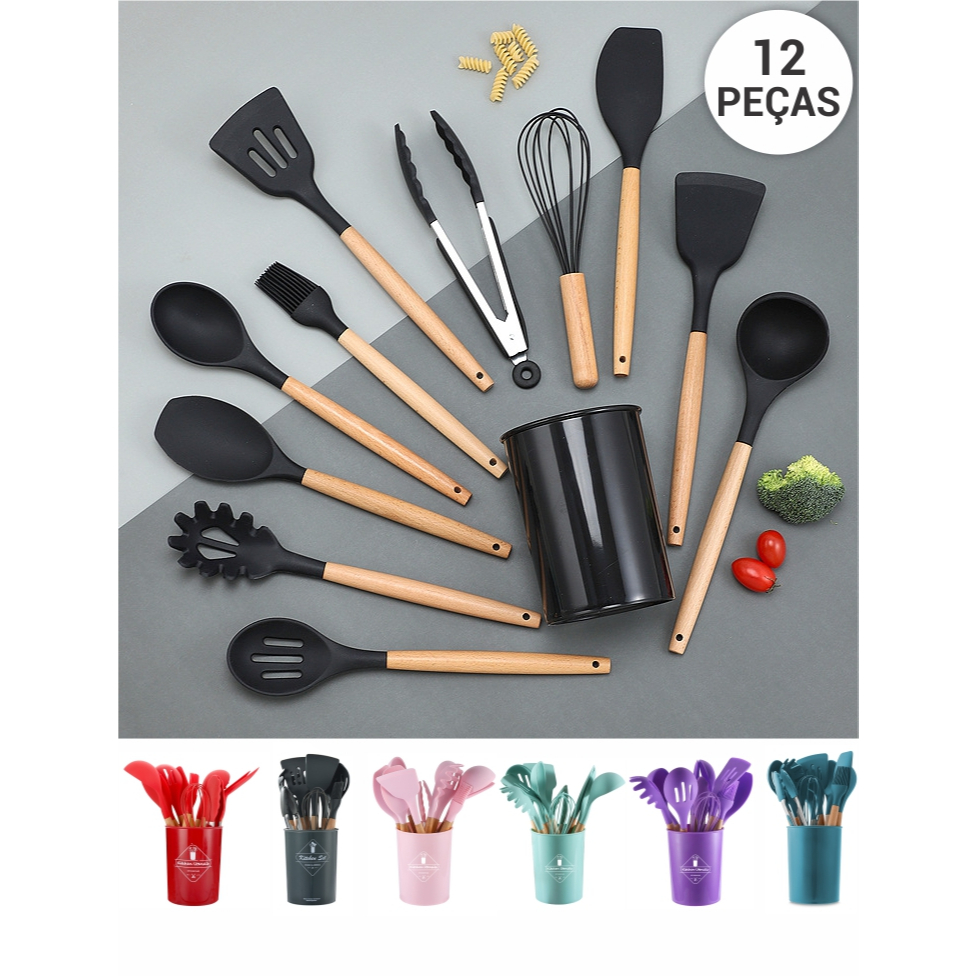 Kit com 12 Peças Utensílios de Cozinha Silicone 