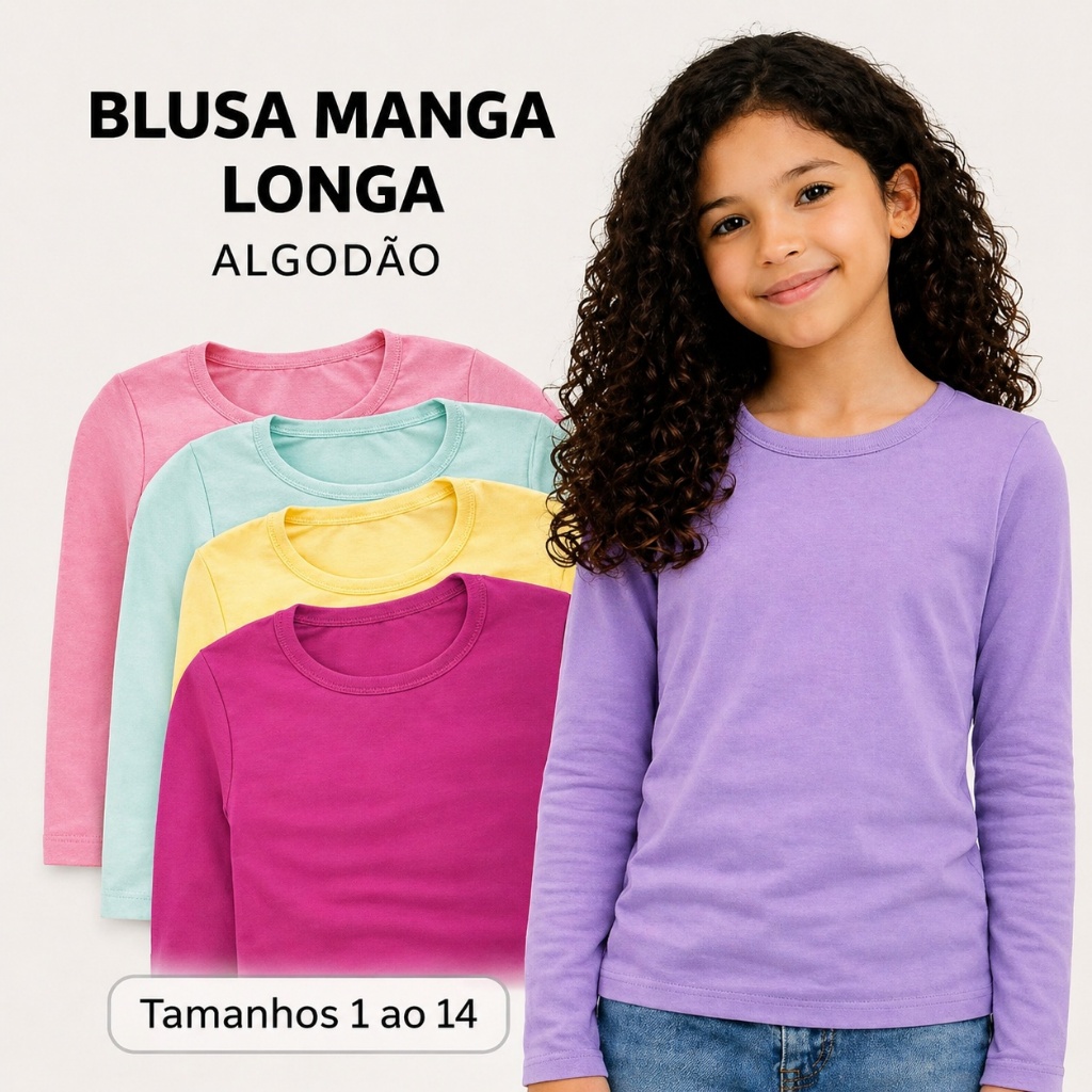 Kit Blusa Manga Longa Infantil Menina, Algodão Ta